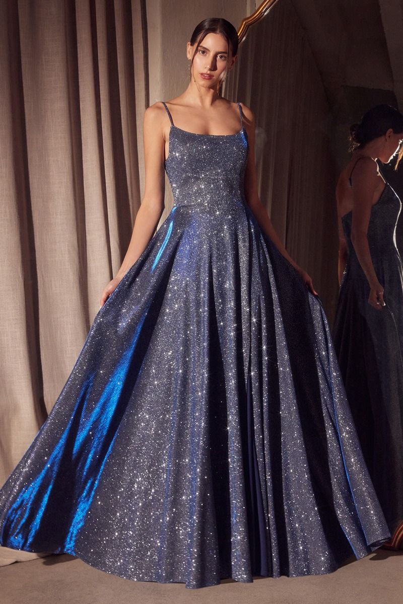 Iridescent Glitter A-Line Gown with Scoop Neckline and Pockets (T213)
