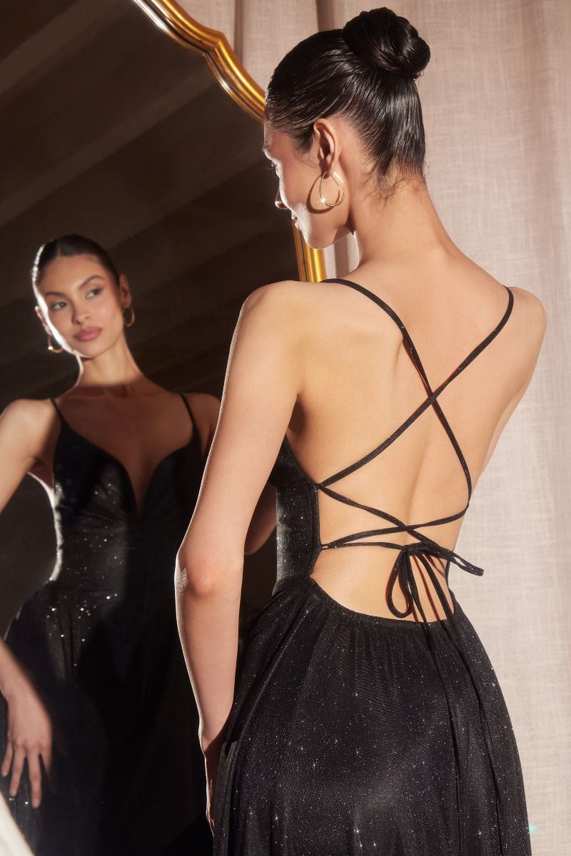 Iridescent Cowl Neck A-Line Gown with Lace-Up Back and Pockets (T214)