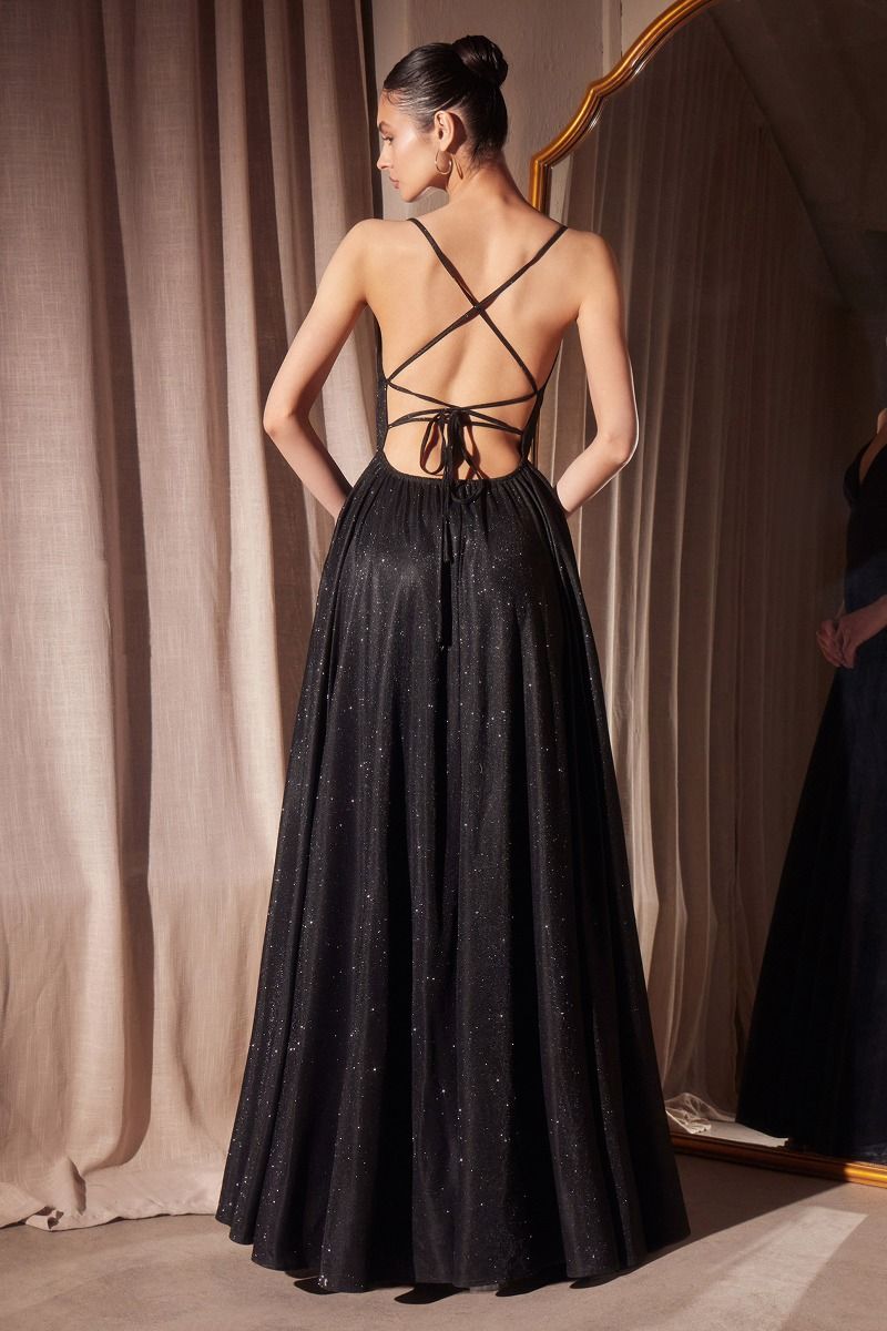 Iridescent Cowl Neck A-Line Gown with Lace-Up Back and Pockets (T214)