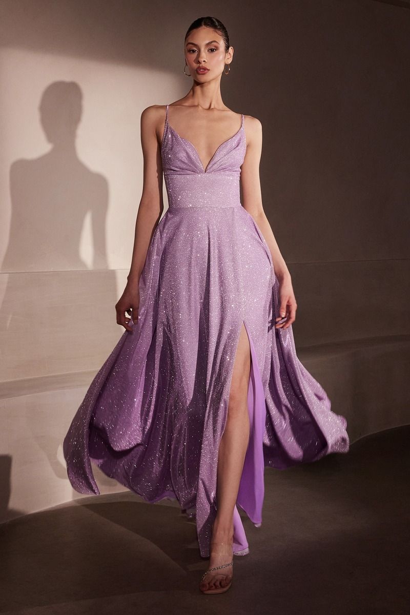 Iridescent Cowl Neck A-Line Gown with Lace-Up Back and Pockets (T214)