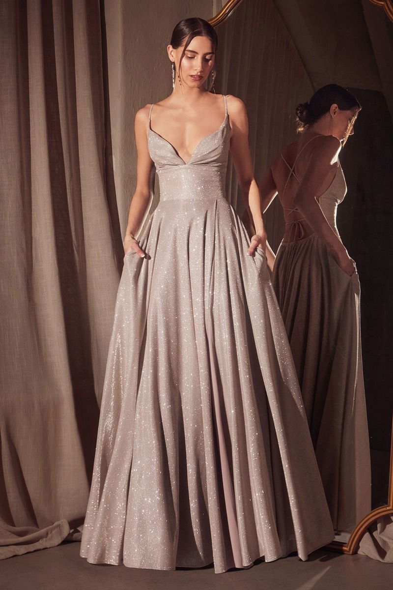 Iridescent Cowl Neck A-Line Gown with Lace-Up Back and Pockets (T214)