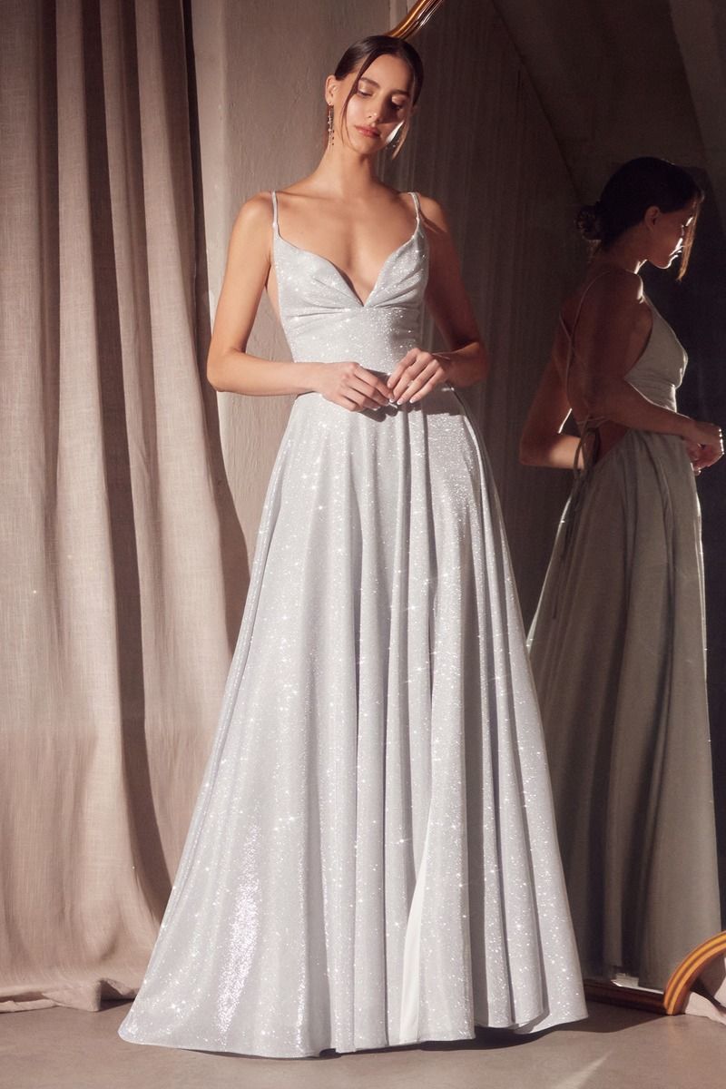Iridescent Cowl Neck A-Line Gown with Lace-Up Back and Pockets (T214)