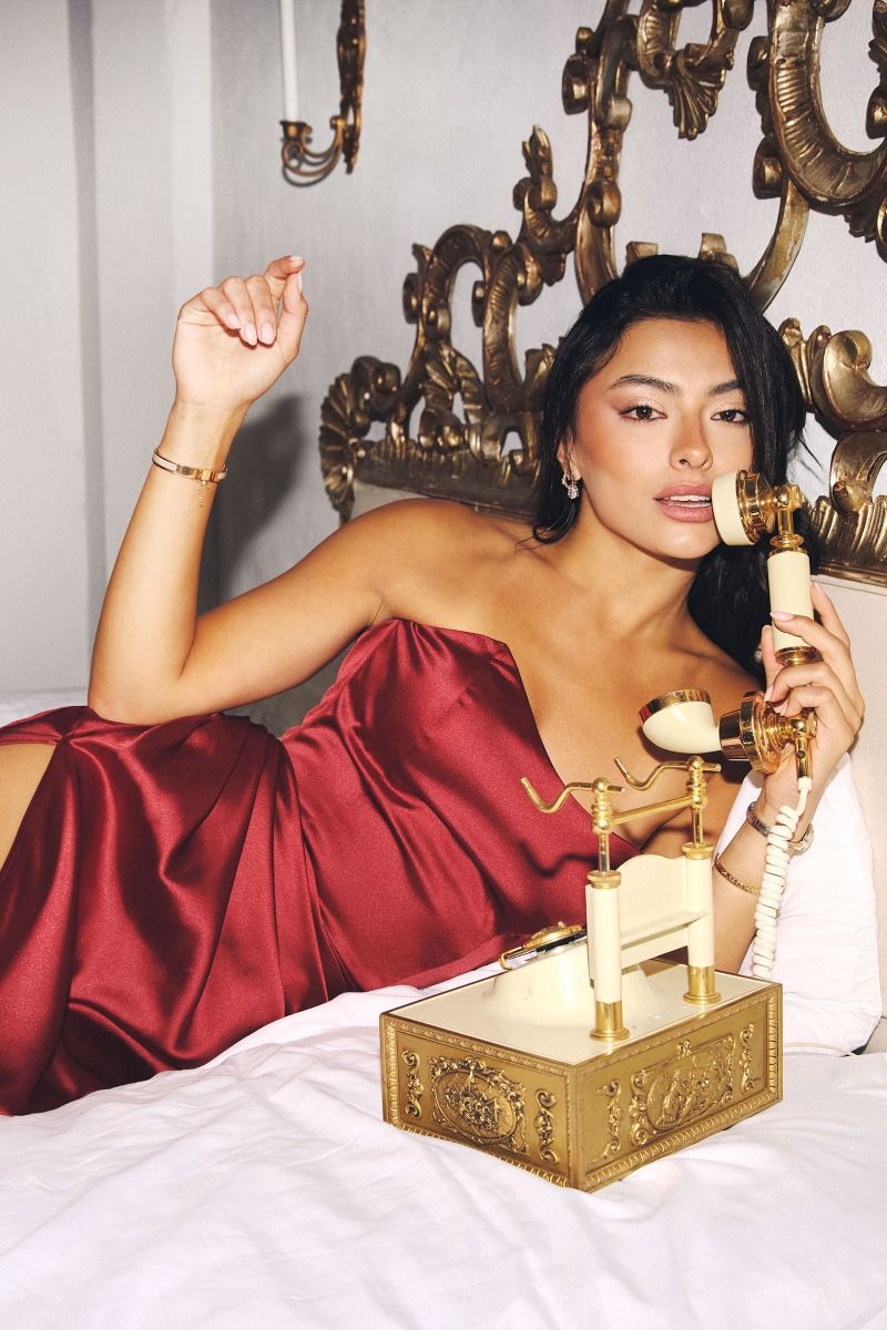 Strapless Satin Gown with Cascading Side Sash and Thigh-High Slit (T215)