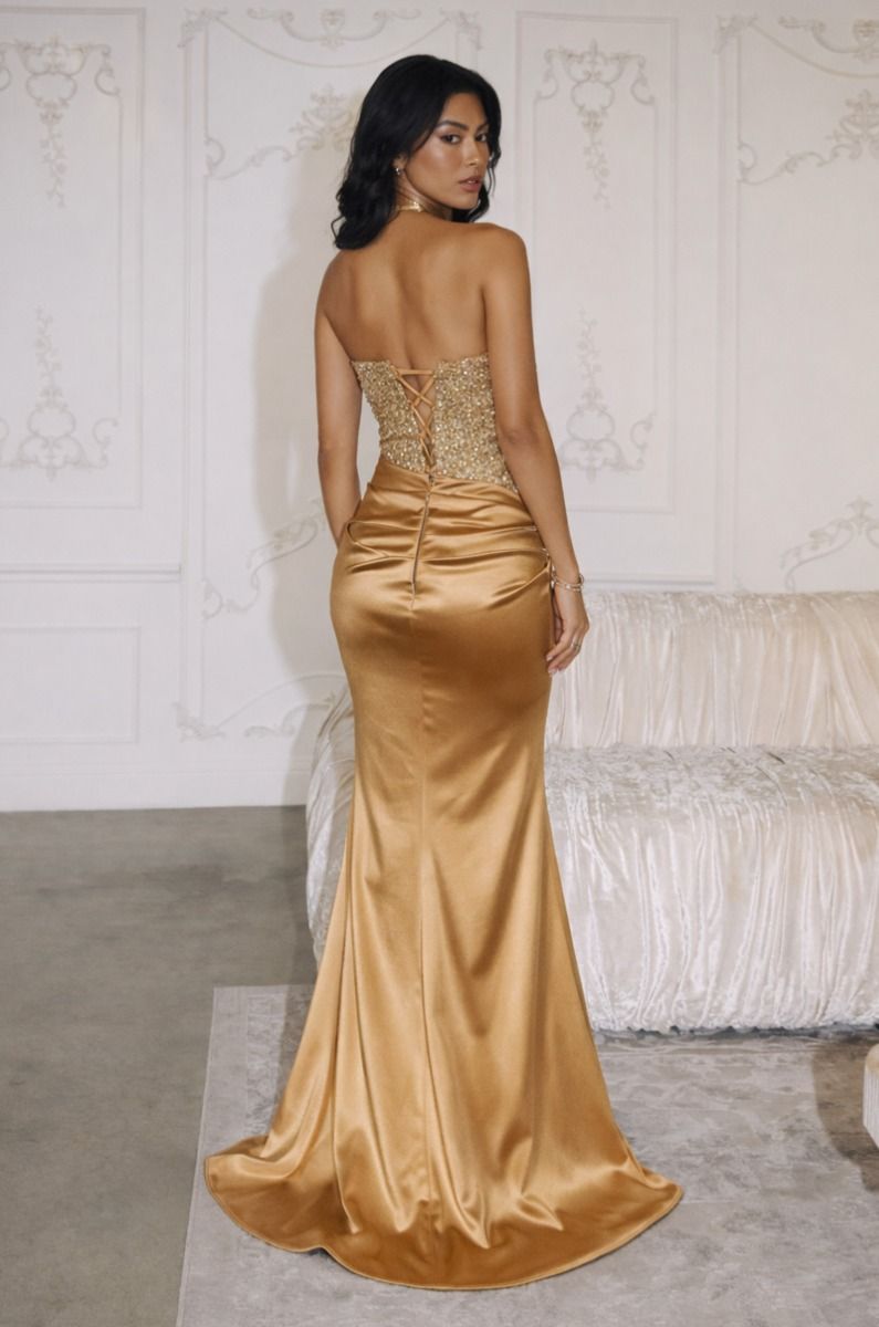 Strapless Sequin and Satin Gown with Thigh-High Slit (T609)