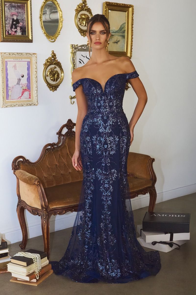 Off-the-Shoulder Sequin Lace Corset Gown with Sweep Train (T613)