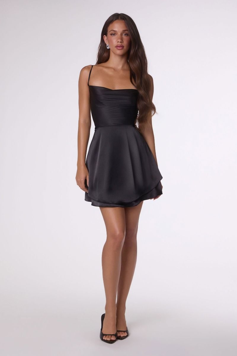 Draped- Neck Satin Fit & Flare Mini Dress With Lace-Up Back (T616)