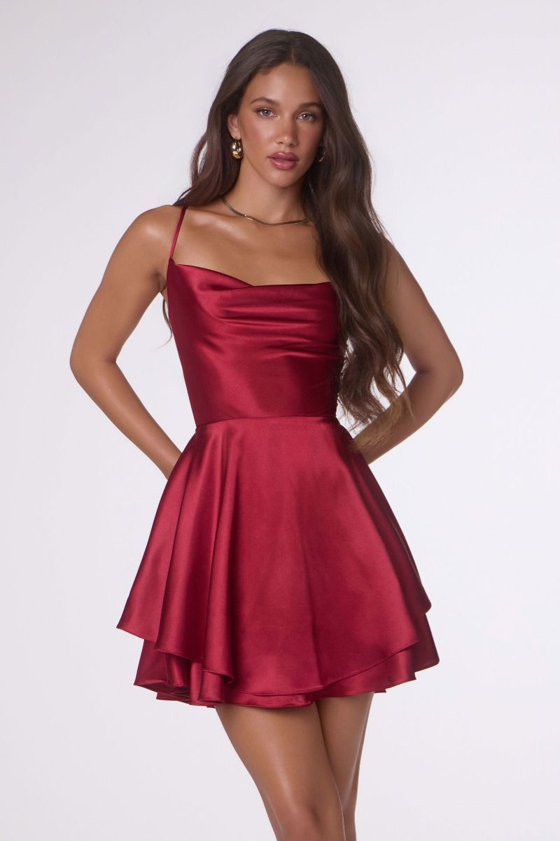 Draped- Neck Satin Fit & Flare Mini Dress With Lace-Up Back (T616)