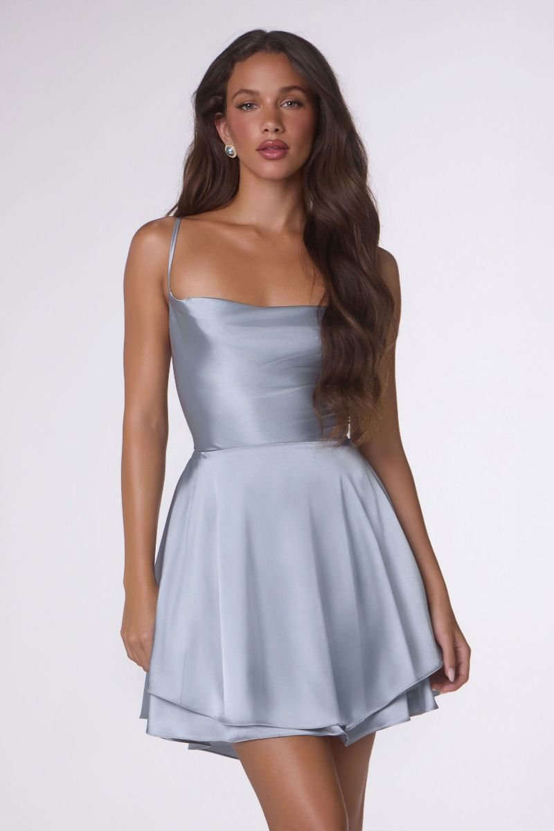 Draped- Neck Satin Fit & Flare Mini Dress With Lace-Up Back (T616)