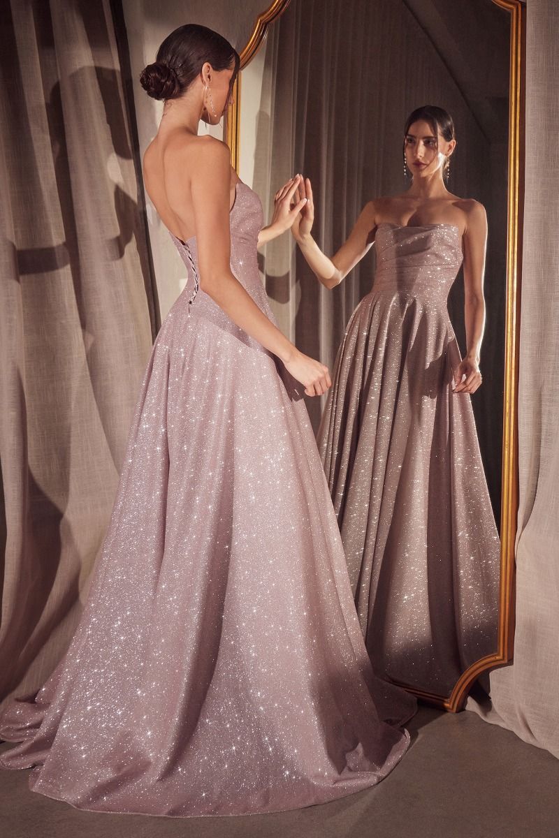 Strapless Glitter A-Line Gown with Pleated Skirt and Leg Slit (T701)