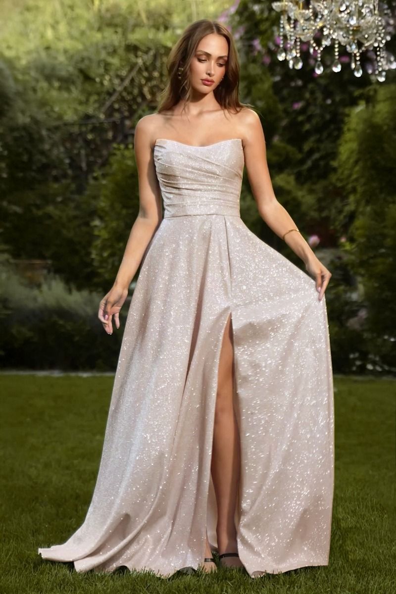 Strapless Glitter A-Line Gown with Pleated Skirt and Leg Slit (T701)