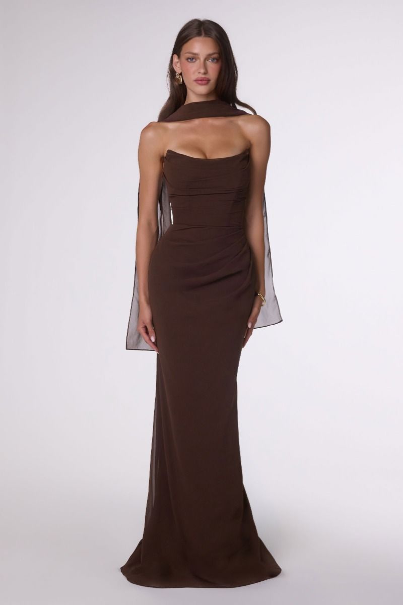Strapless Draped Chiffon Gown with Gathered Bodice (T702)