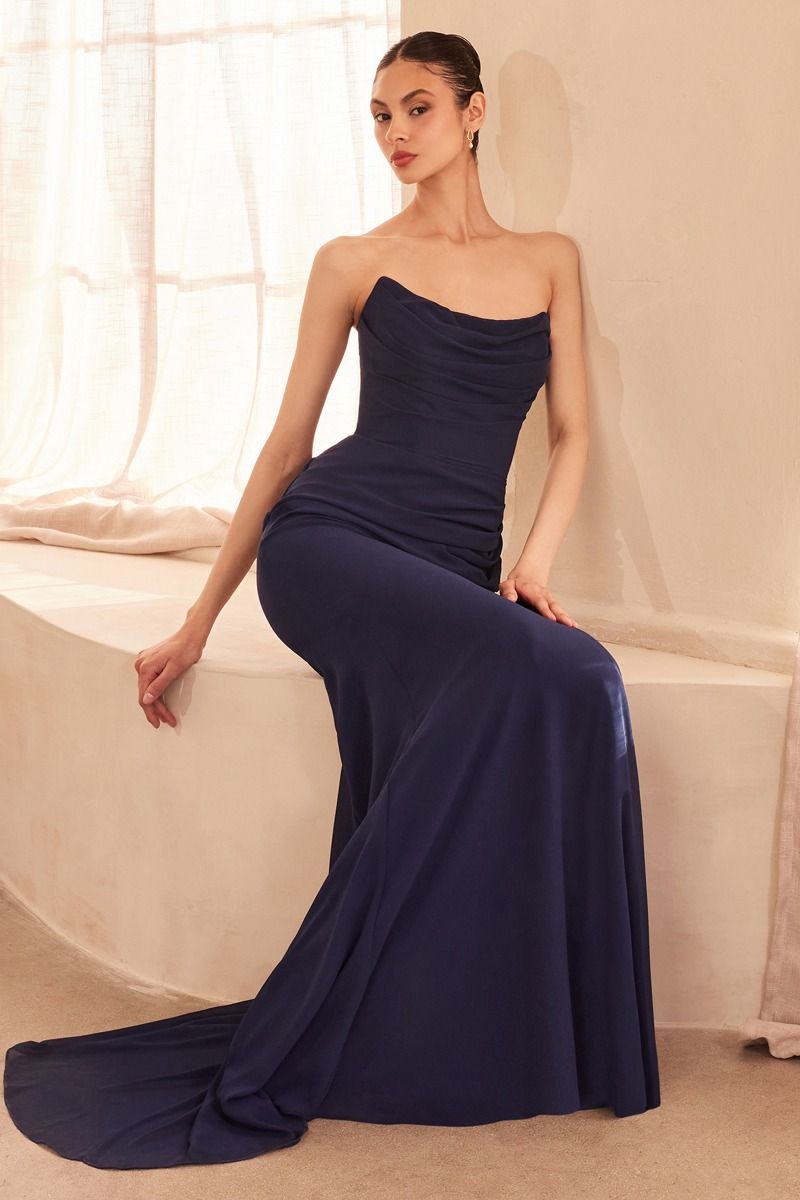 Strapless Draped Chiffon Gown with Gathered Bodice (T702)