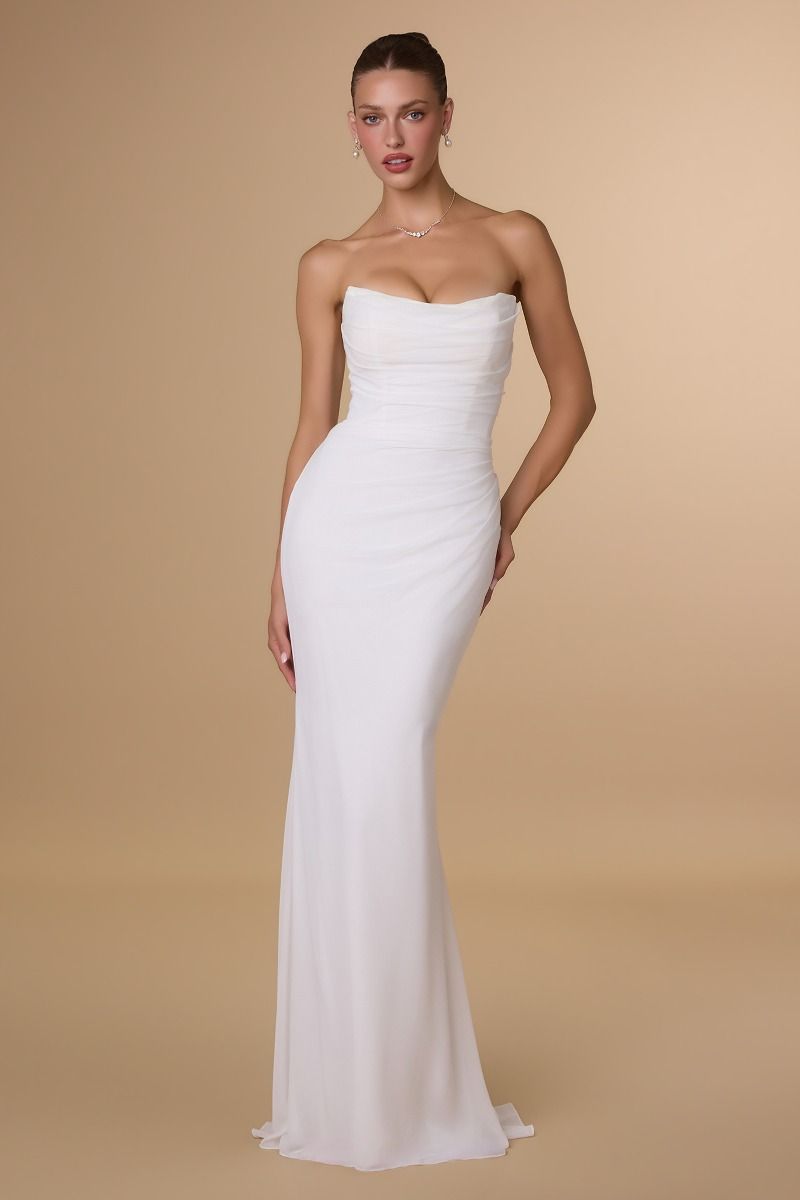 Strapless Draped Chiffon Mermaid Gown with Lace-Up Back (T702W)