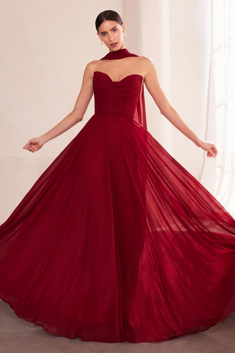 Strapless Chiffon A-Line Gown with Cowl Neckline and Scarf (T703)