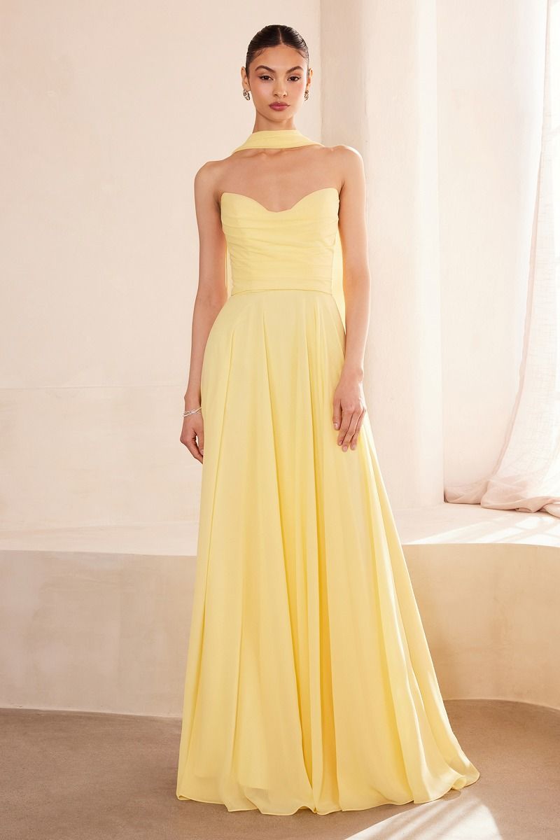 Strapless Chiffon A-Line Gown with Cowl Neckline and Scarf (T703)