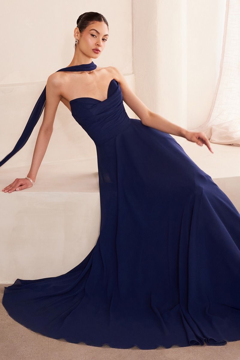 Strapless Chiffon A-Line Gown with Cowl Neckline and Scarf (T703)