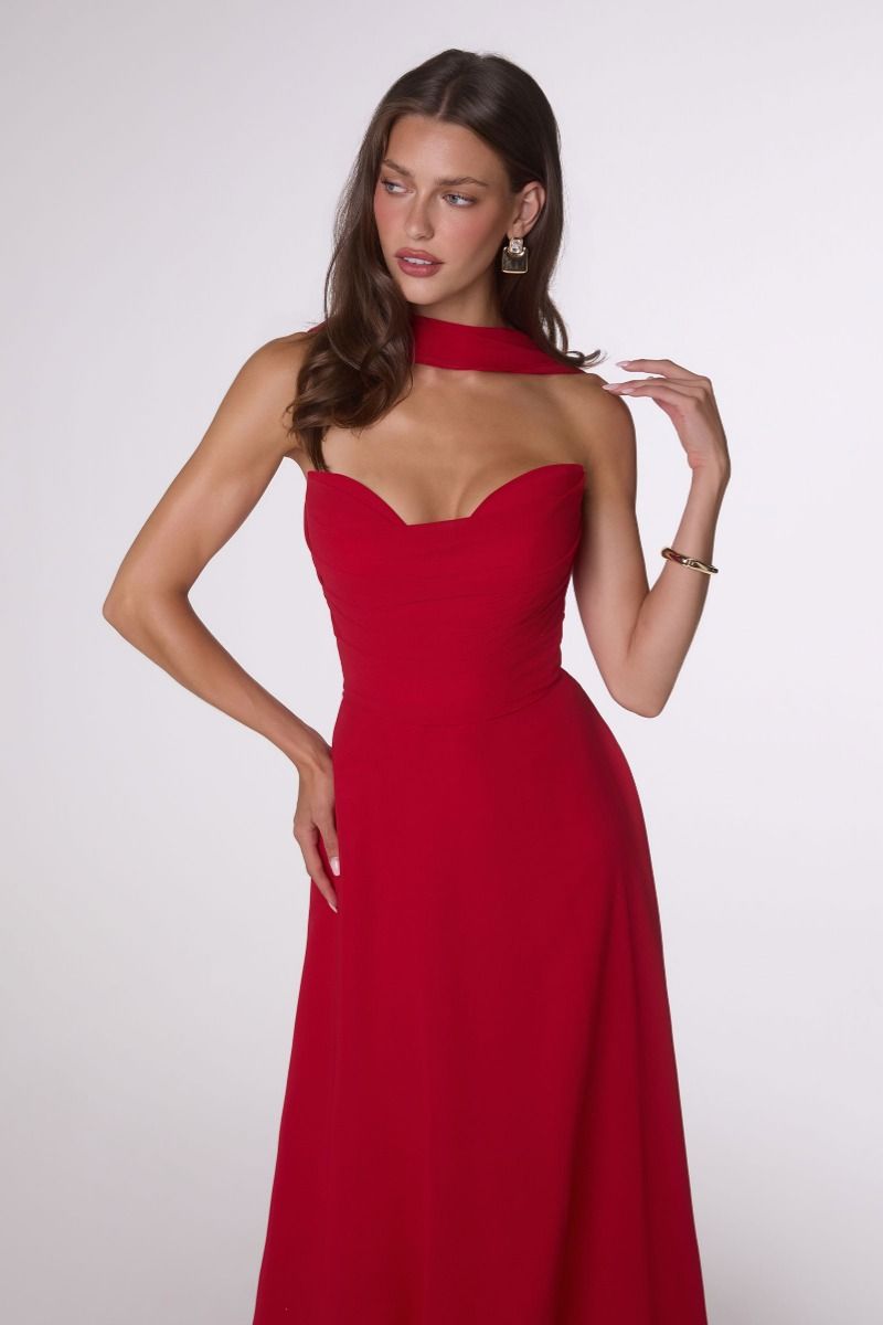 Strapless Chiffon A-Line Gown with Cowl Neckline and Scarf (T703)