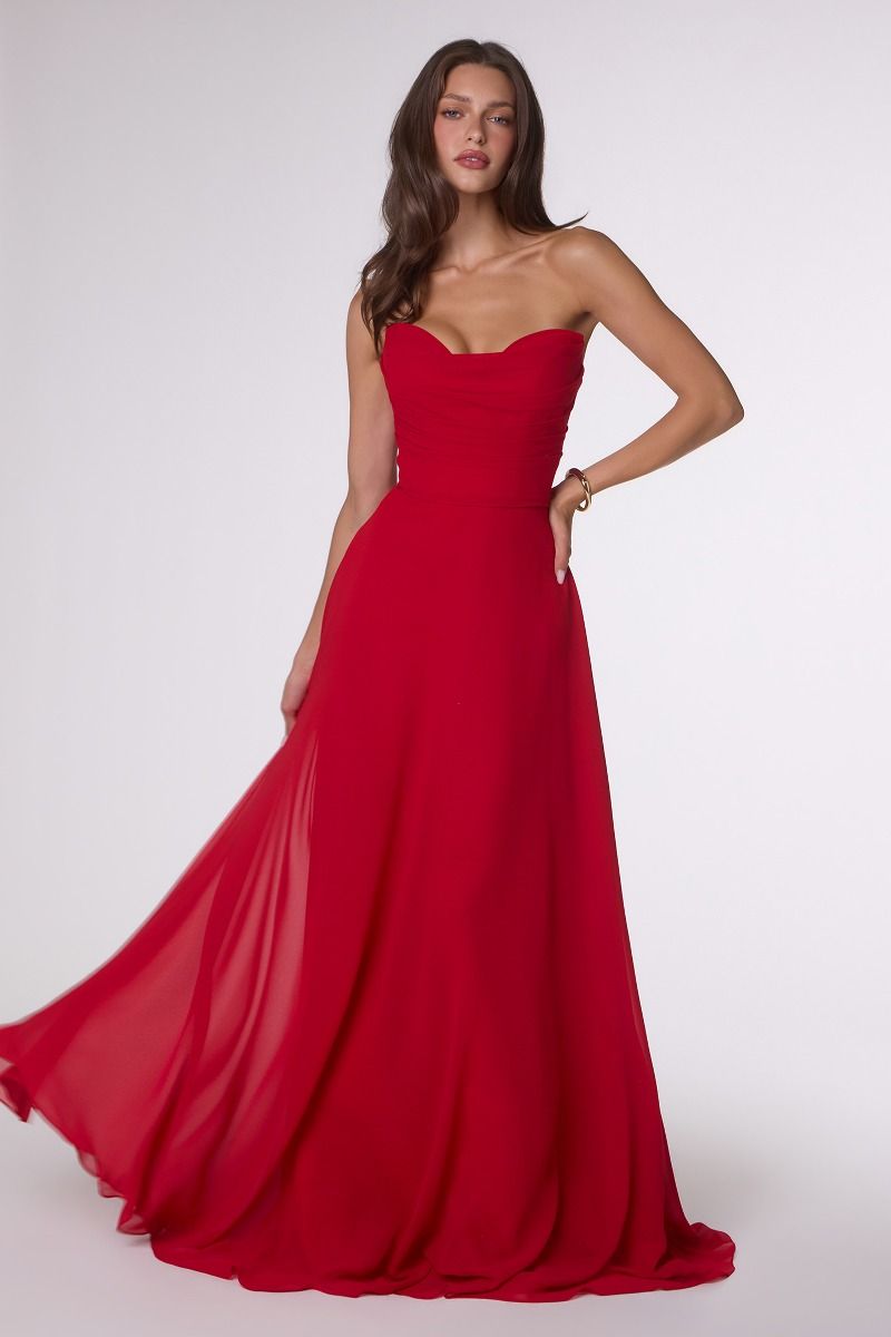 Strapless Chiffon A-Line Gown with Cowl Neckline and Scarf (T703)