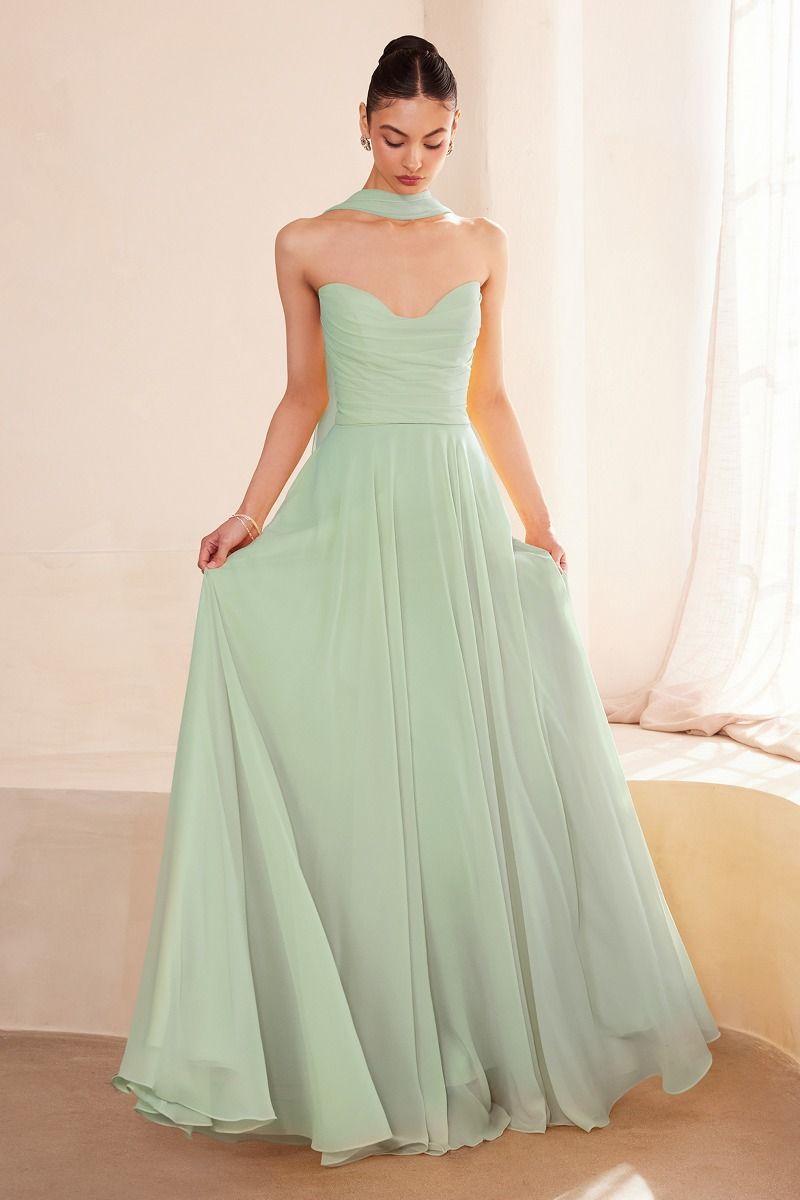 Strapless Chiffon A-Line Gown with Cowl Neckline and Scarf (T703)