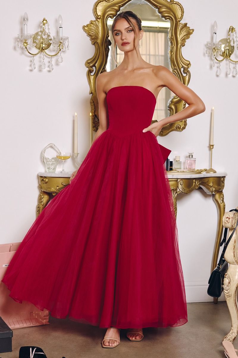 Strapless Crepe & Tulle A-Line Gown with Oversized Back Bow (T712)