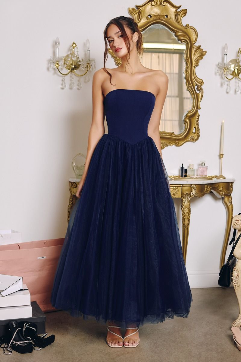 Strapless Crepe & Tulle A-Line Gown with Oversized Back Bow (T712)