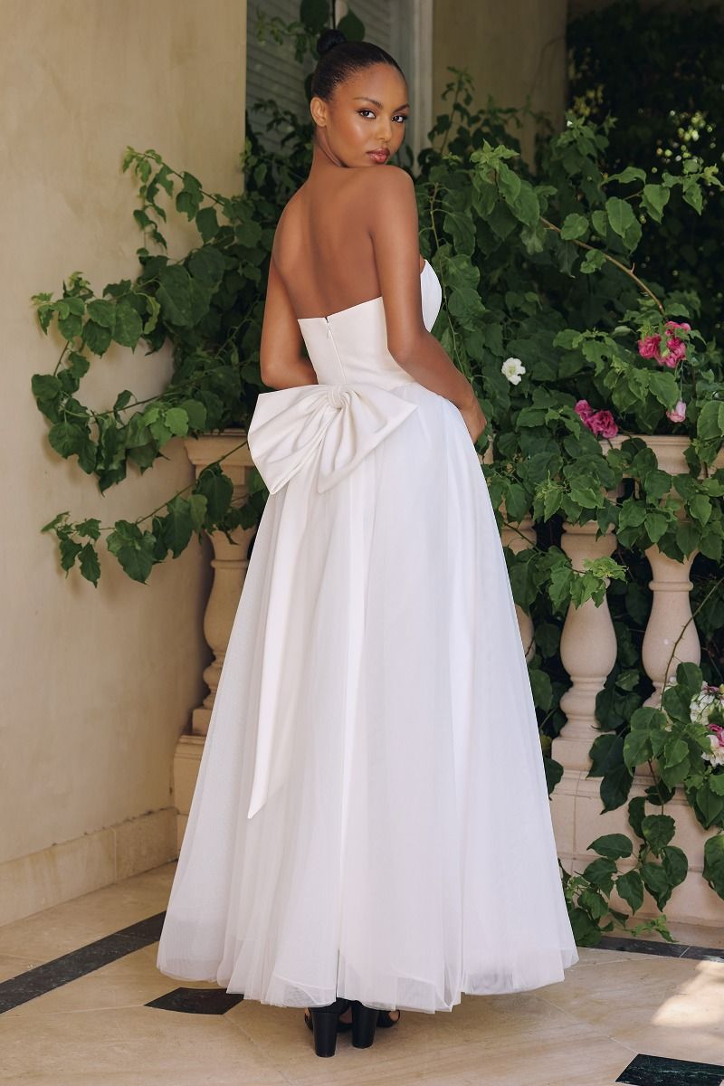 Strapless Crepe and Tulle A-Line Bridal Gown with Oversized Bow (T712W)