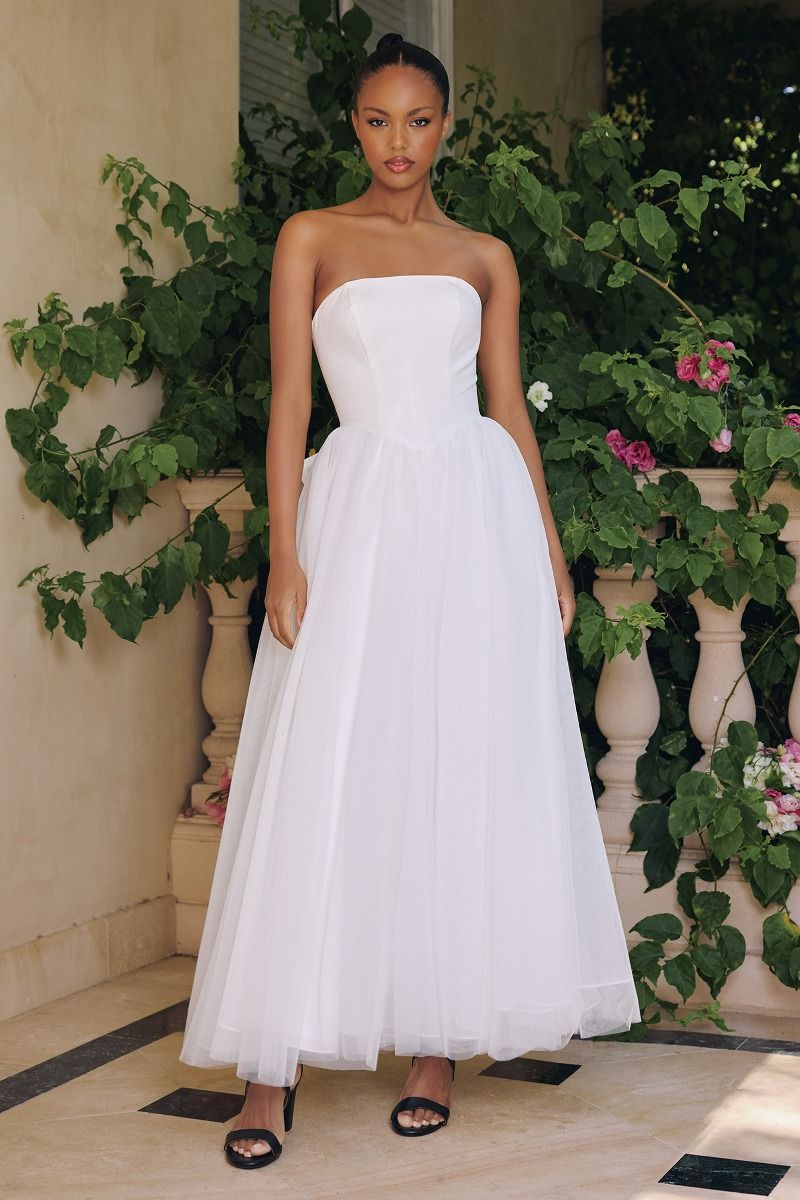 Strapless Crepe and Tulle A-Line Bridal Gown with Oversized Bow (T712W)