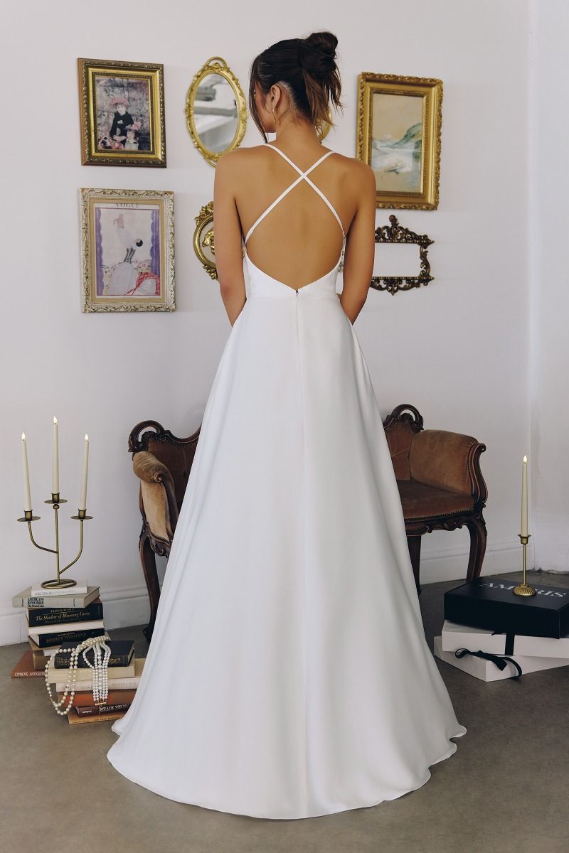Cowl Neck Satin A-Line Bridal Gown with Crisscross Open Back (T714W)