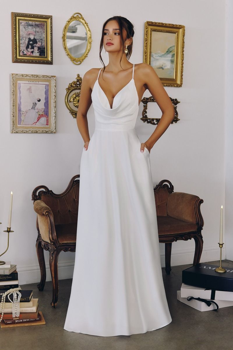 Cowl Neck Satin A-Line Bridal Gown with Crisscross Open Back (T714W)