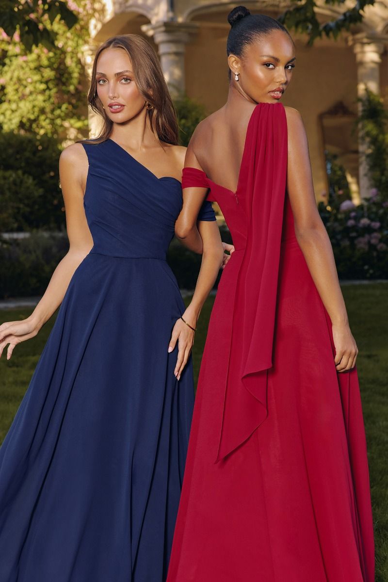 One-Shoulder Chiffon A-Line Gown with Draped Cape Sleeve (T716)