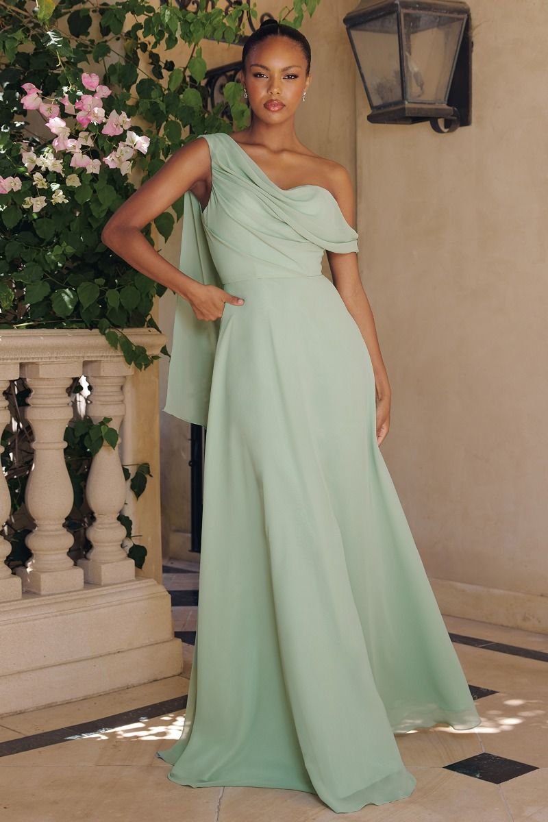 One-Shoulder Chiffon A-Line Gown with Draped Cape Sleeve (T716)