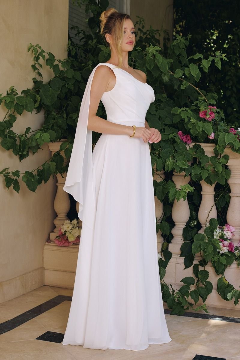 One-Shoulder Chiffon A-Line Gown with Cascading Drape (T716W)