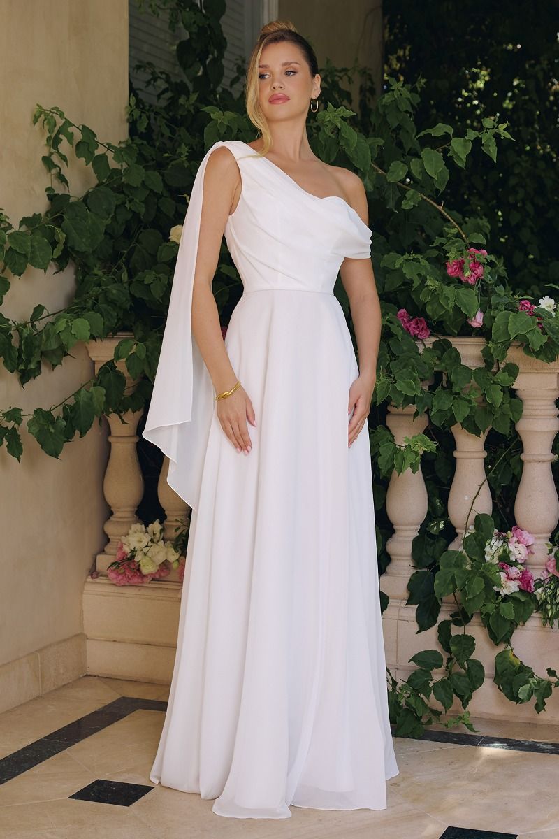 One-Shoulder Chiffon A-Line Gown with Cascading Drape (T716W)