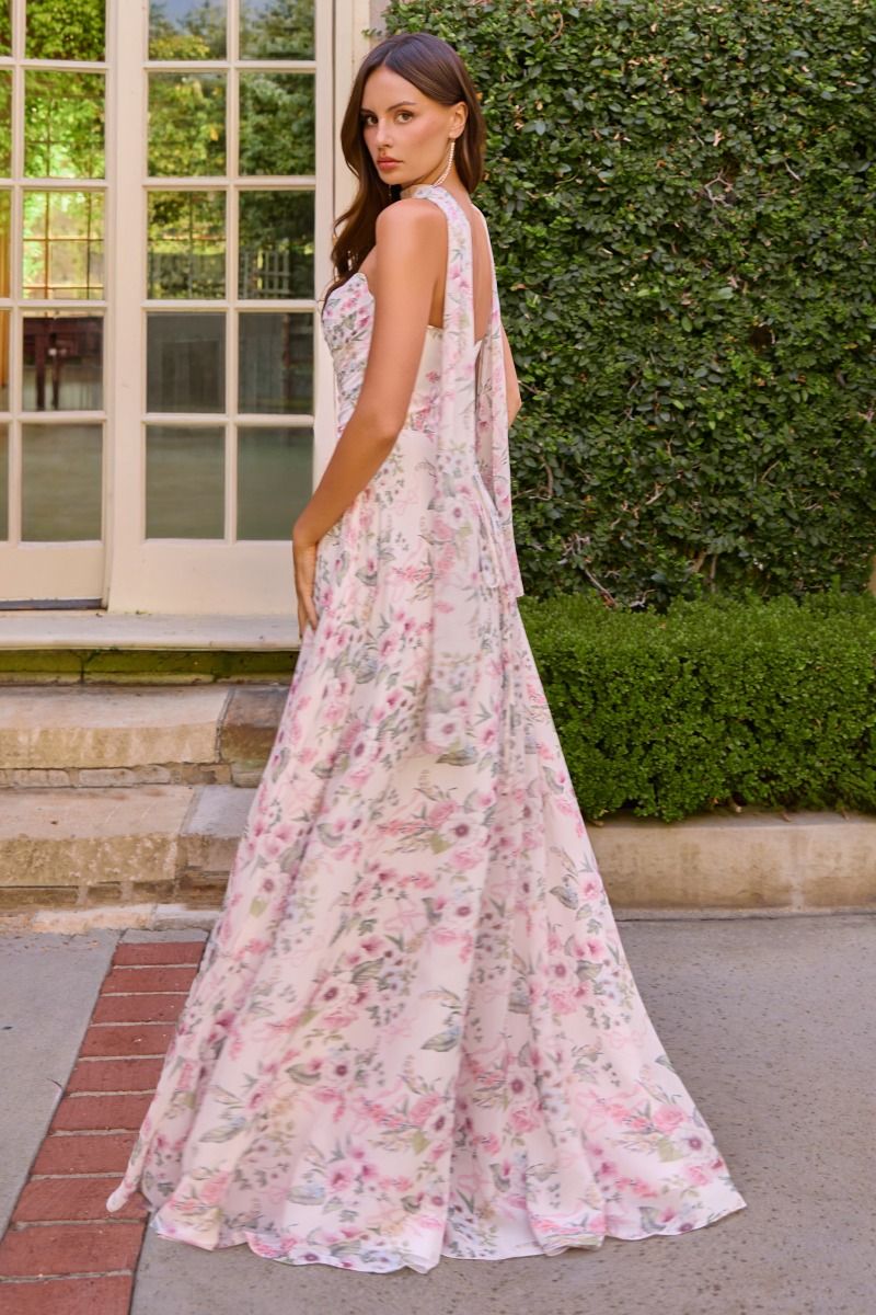 Floral Chiffon A-Line Gown with Detachable Scarf (T717)