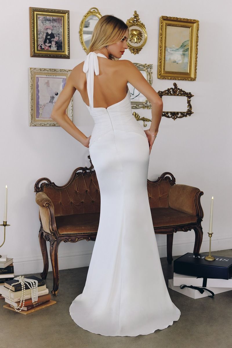 Pleated Halter Satin Bridal Gown with Plunging Neckline (T720W)