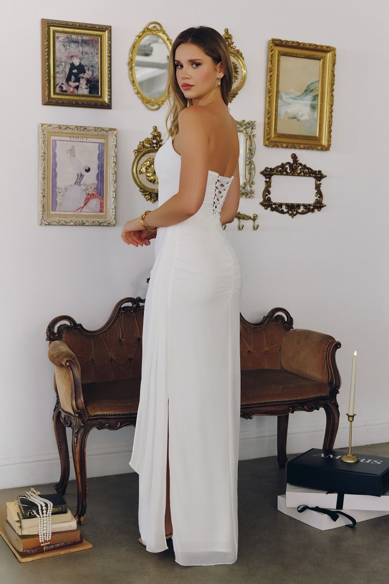 Strapless Ruched Chiffon Bridal Gown with Cascading Side Sash (T726W)