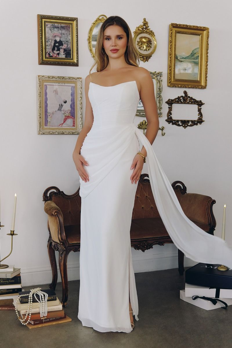 Strapless Ruched Chiffon Bridal Gown with Cascading Side Sash (T726W)