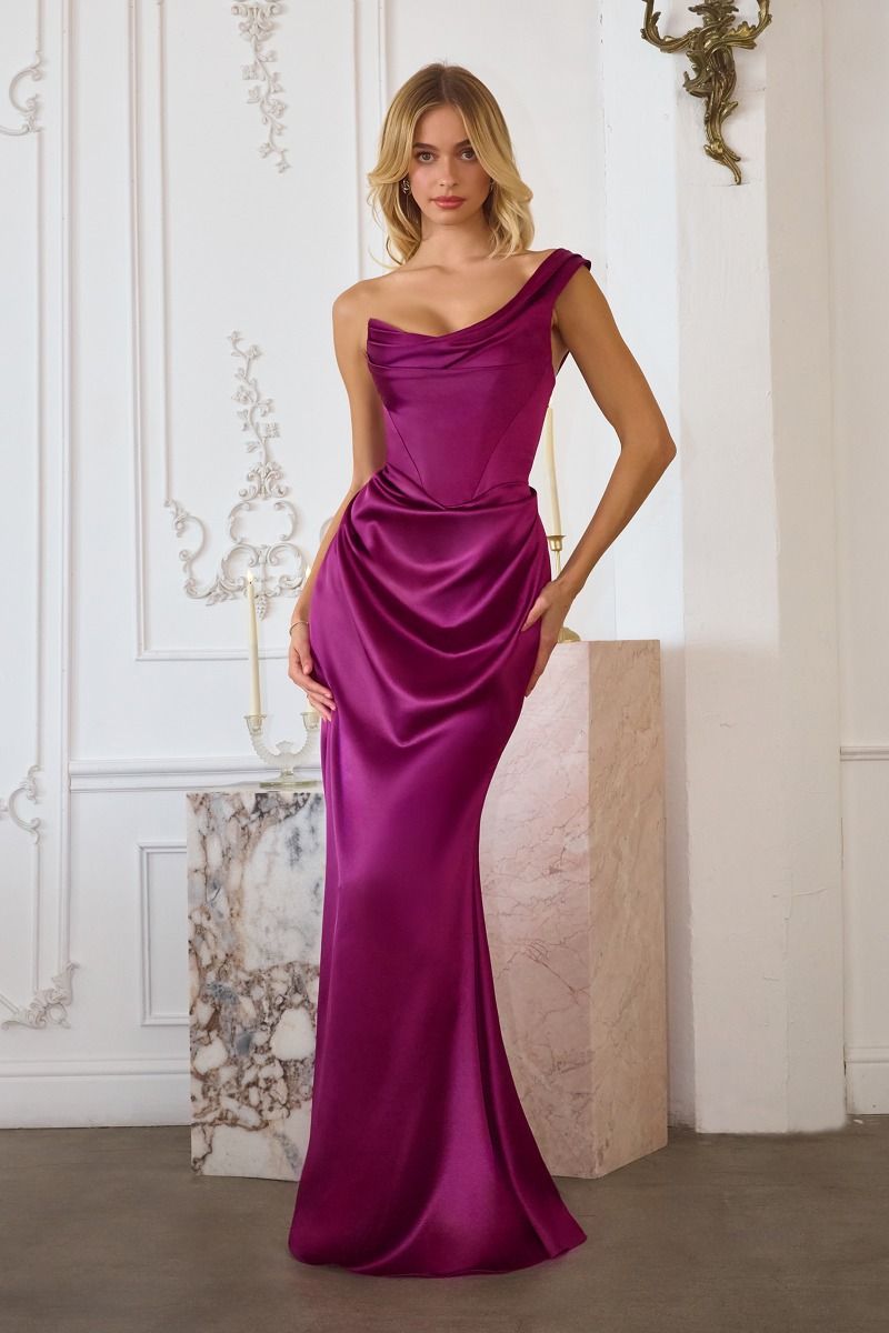 One-Shoulder Draped Stretch Satin Mermaid Gown (T727)