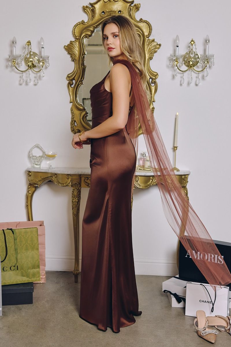 Draped Neckline Satin Corset Gown with Removable Sheer Scarf (T729)