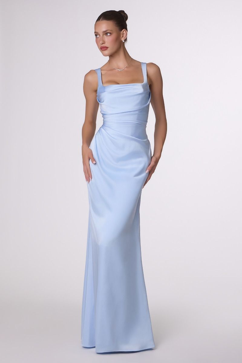 Draped Neckline Satin Corset Gown with Removable Sheer Scarf (T729)