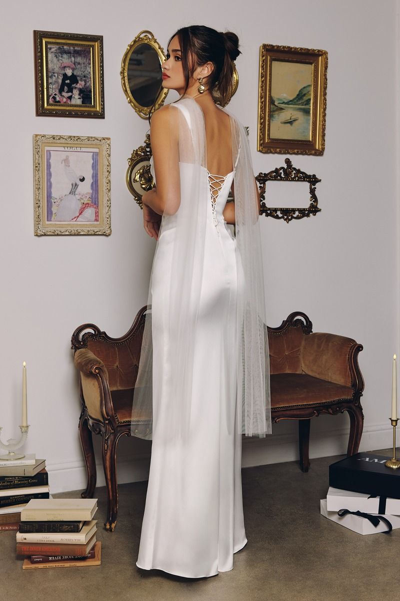 Draped Neckline Satin Corset Gown with Sheer Scarf(T729W)