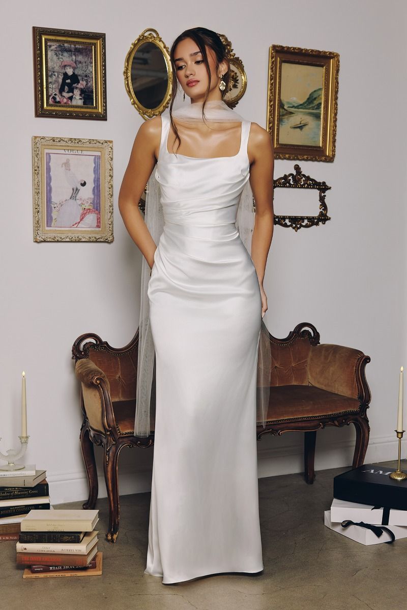 Draped Neckline Satin Corset Gown with Sheer Scarf(T729W)