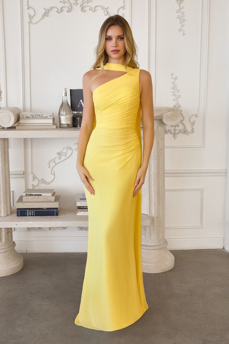One-Shoulder Ruched Chiffon Column Gown with Draped Shoulder Panel (T730)