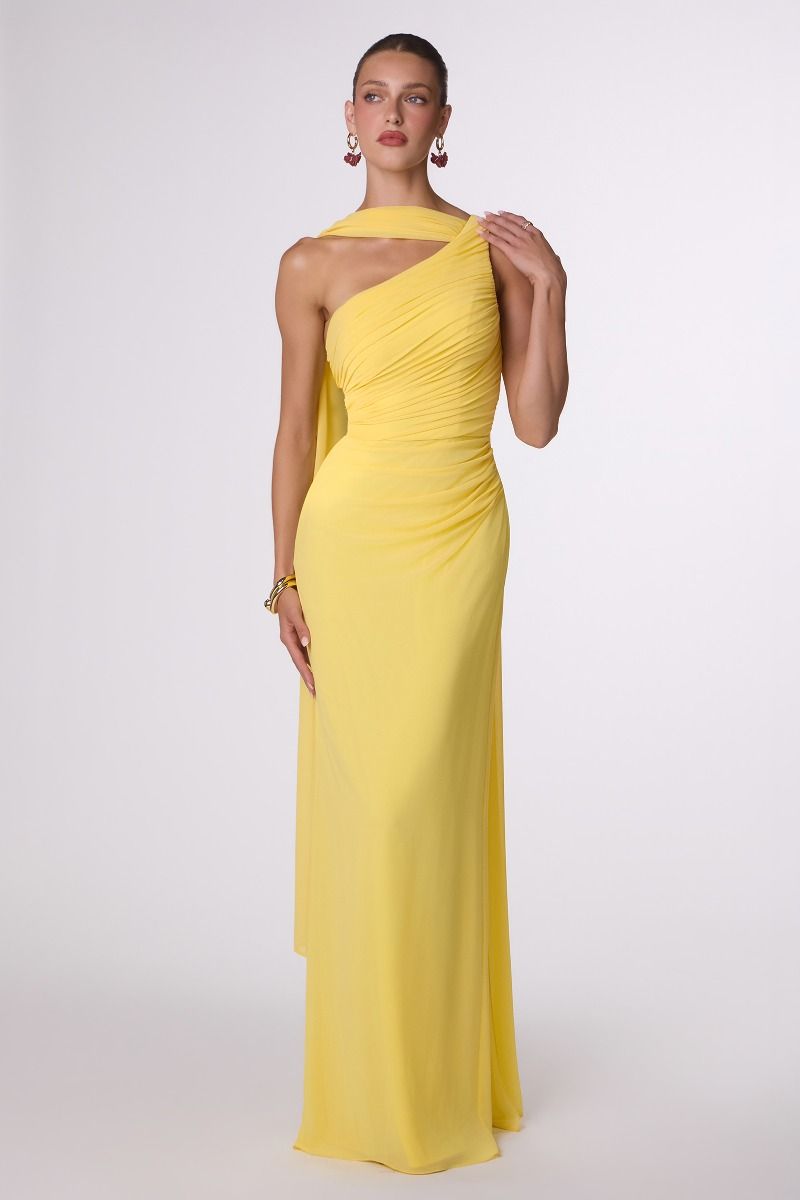 One-Shoulder Ruched Chiffon Column Gown with Draped Shoulder Panel (T730)
