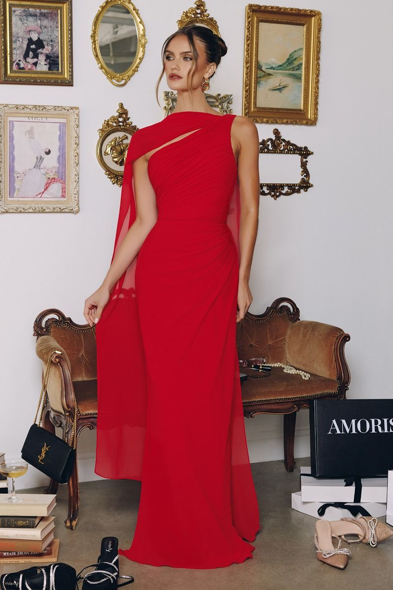 One-Shoulder Ruched Chiffon Column Gown with Draped Shoulder Panel (T730)