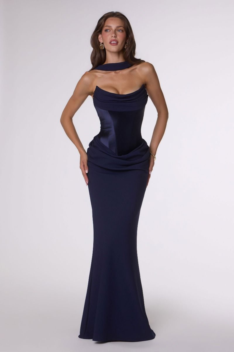 Draped Satin and Crepe Gown with Chiffon Scarf (T732)