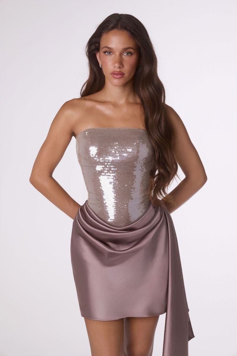 Strapless Sequin and Satin Mini Dress with Asymmetrical Sash (T734)