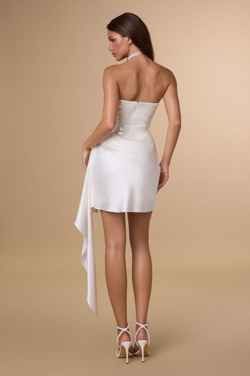 Strapless Sequin and Satin Mini Dress with Asymmetrical Sash (T734W)