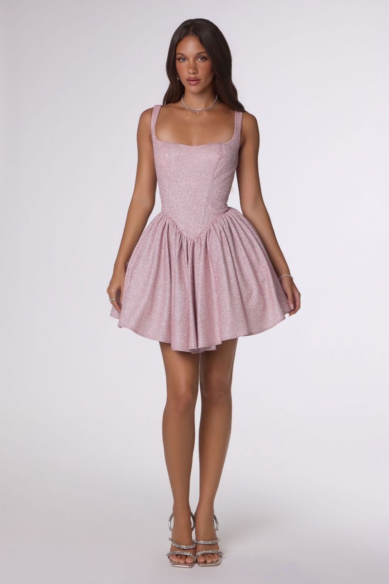 Square-Neck Shimmer Fit-and-Flare Mini Dress with Lace-Up Back (T738)