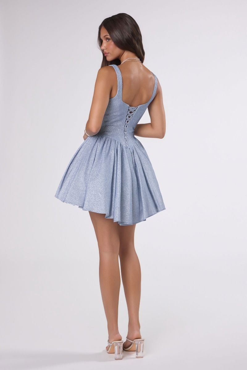 Square-Neck Shimmer Fit-and-Flare Mini Dress with Lace-Up Back (T738)